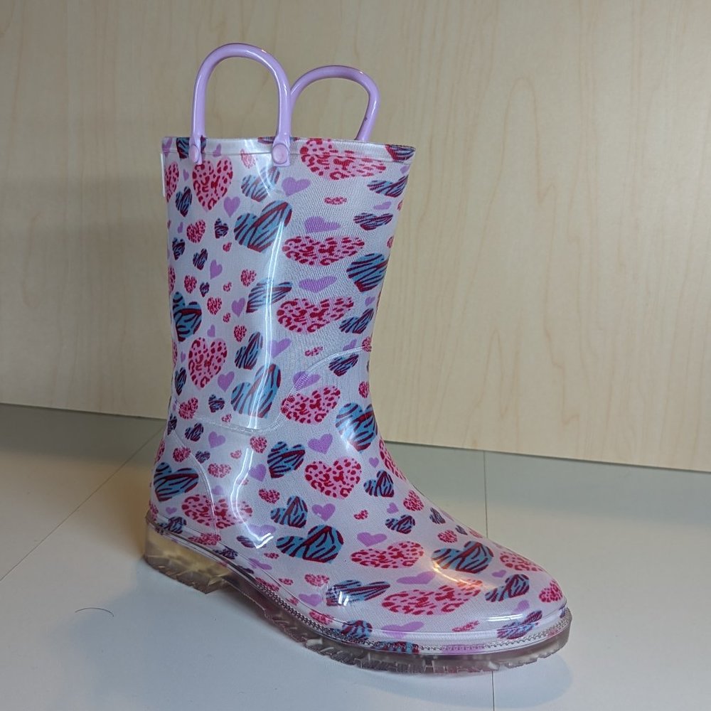 I Love Yo Kids Round Toe Rubber Rain Boot w/ Hoops - Pink Hearts - Size 3